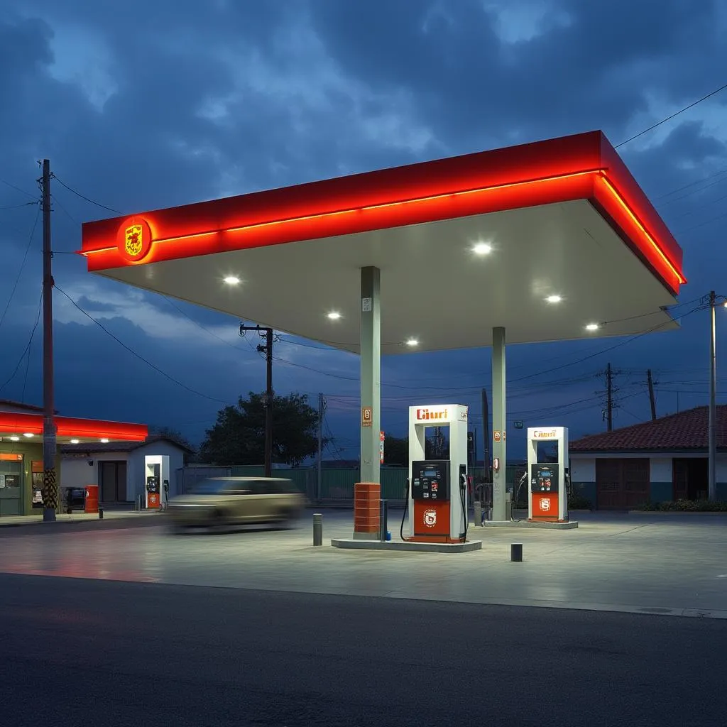 Moderna estación de servicio con surtidores iluminados al atardecer