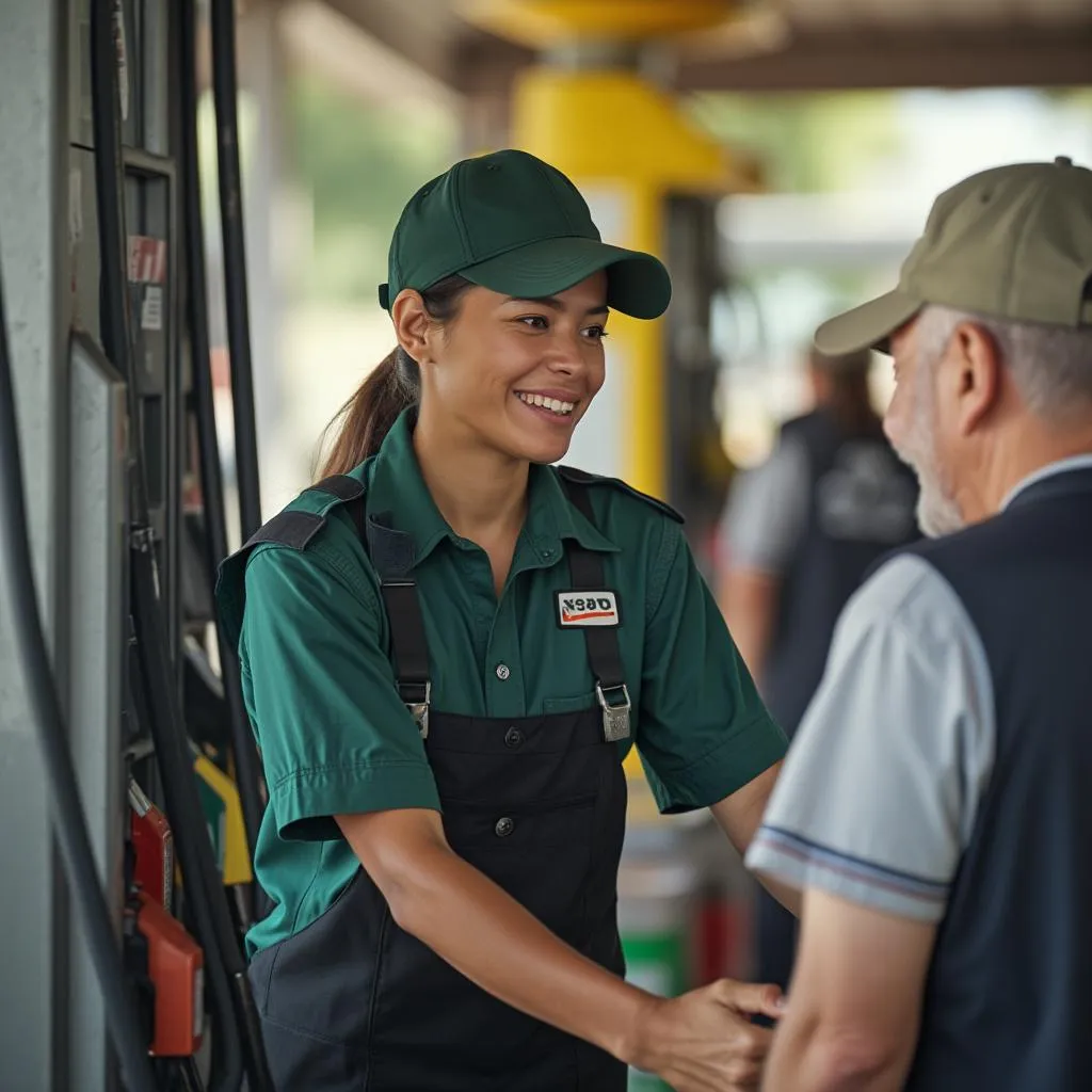 Empleado sonriente atendiendo a un cliente en una estación