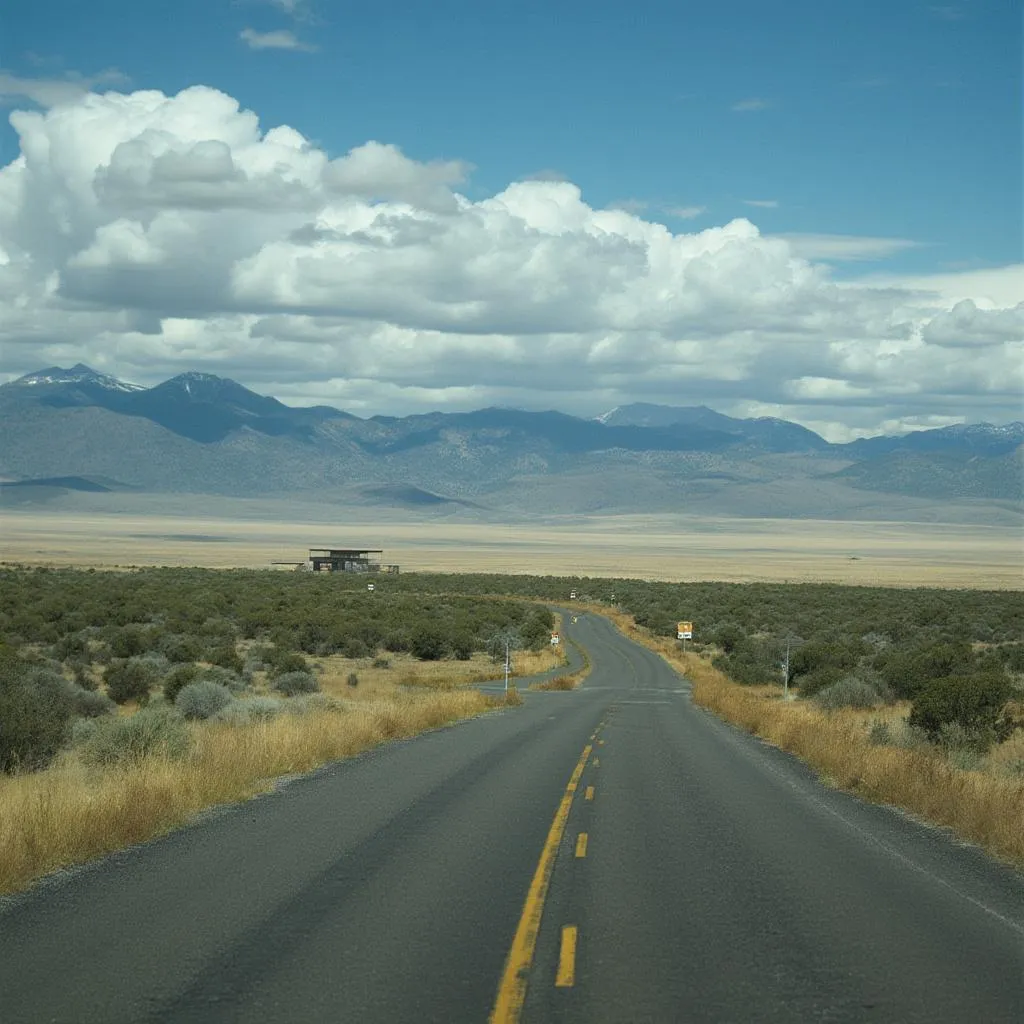 Paisaje de ruta argentina con una estación de servicio en la distancia