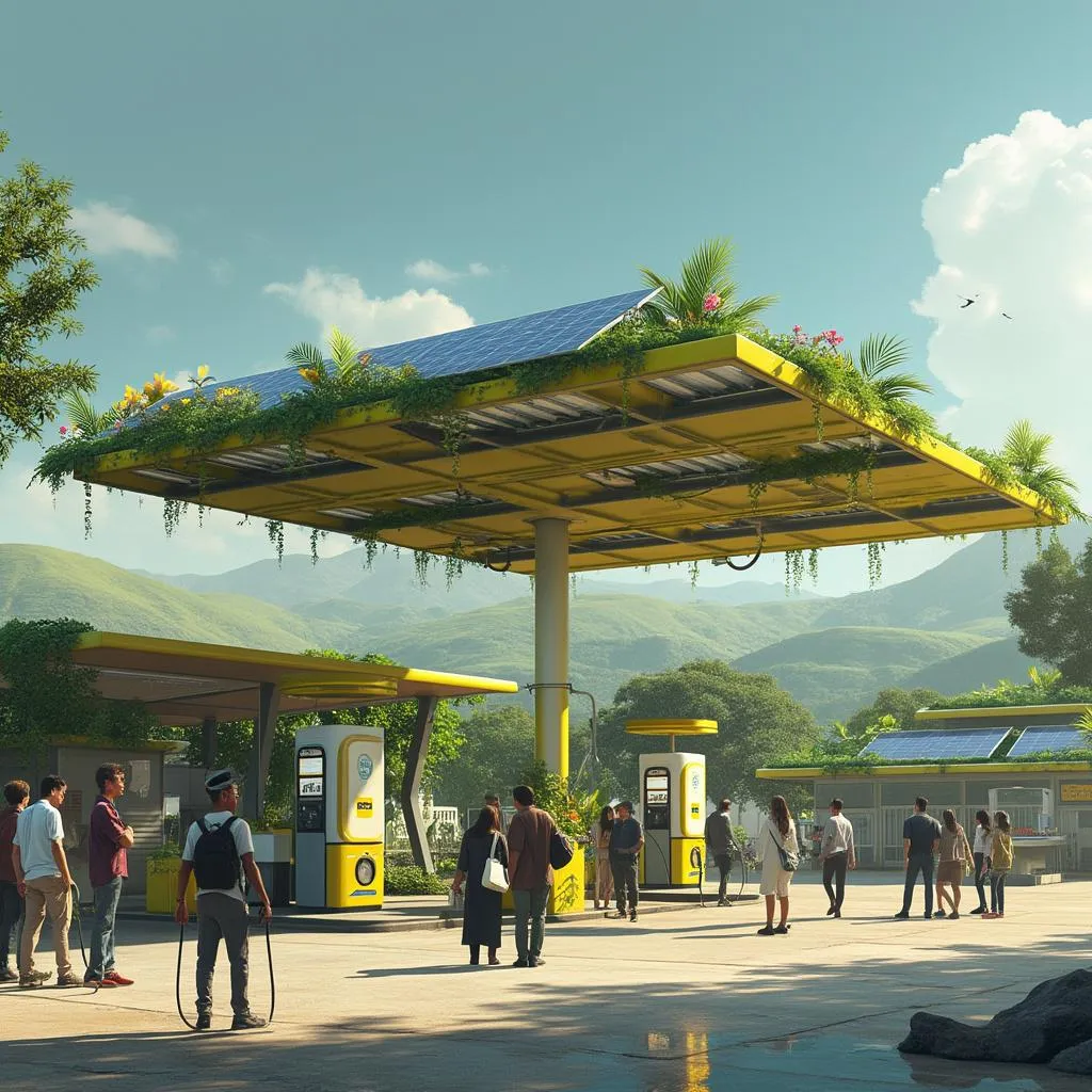 Visión futurista de una estación de servicio ecológica
